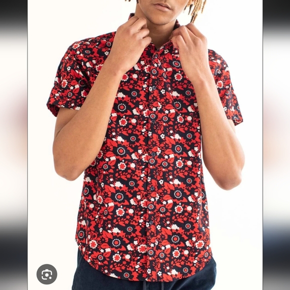 Ricky Singh Denim&Flower Red/Navy Short Sleeved Button Down Shirt - Picture 1 of 5